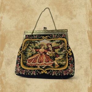 Vtg 90s Y2K Needlepoint Tapestry Kisslock Purse Mini Handbag Damascene Frame